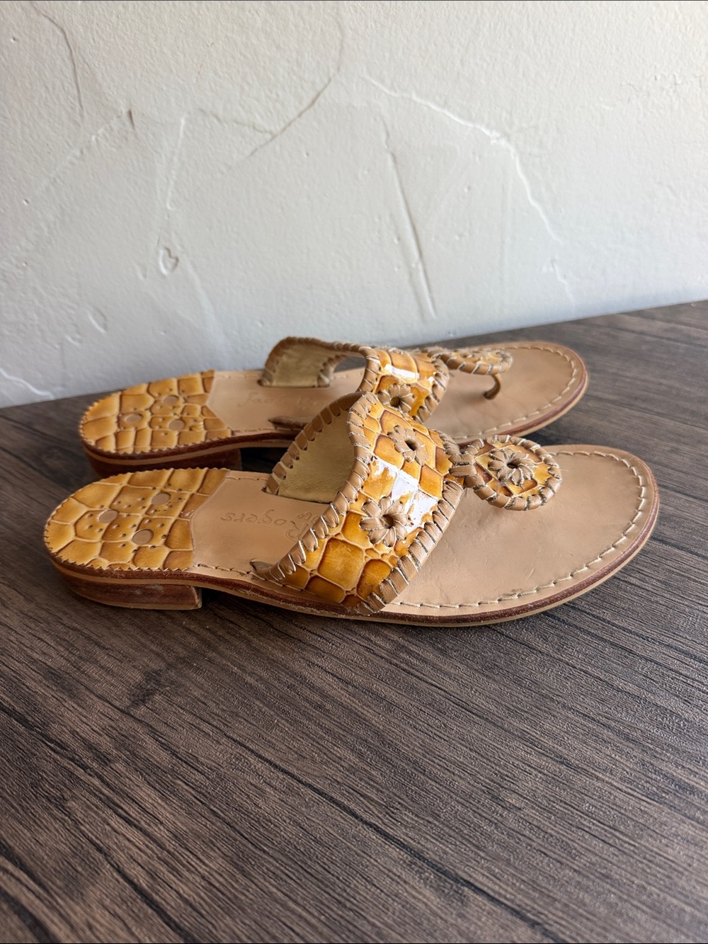 Jack Rogers Yellow Croc-Embossed Leather Thong Sandals